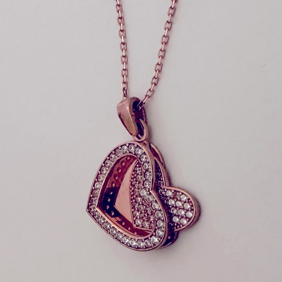 925 Silver double heart initial cz necklace 14K rose gold plated - Picture 3 of 6